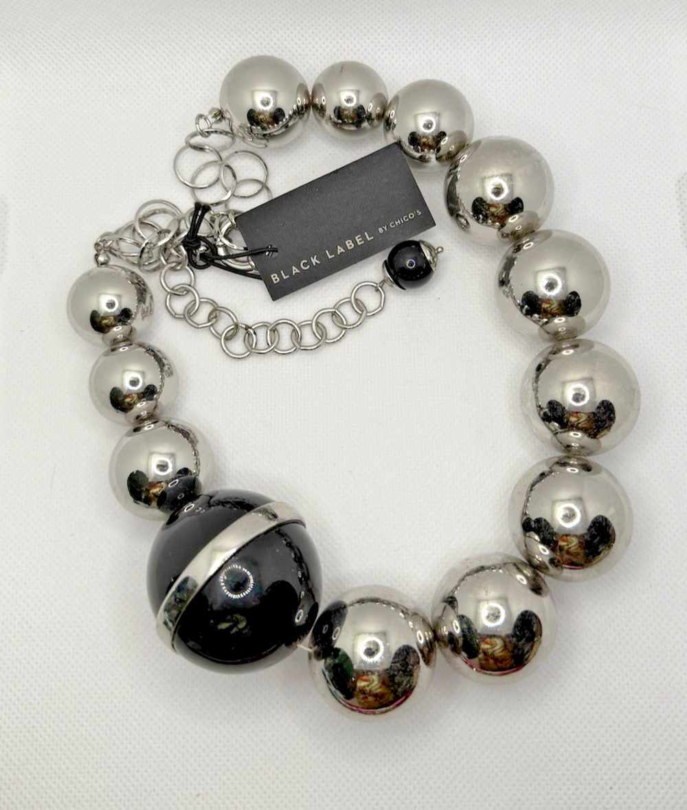 CHICO'S BLACK LABEL NWT Chunky Silver Black Ball Statement Necklace 20-24" $129